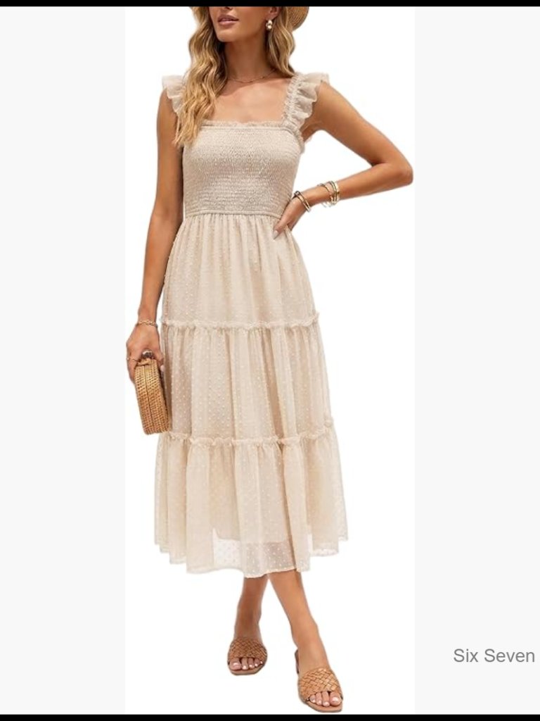 Dotted Tulle Smocked Midi Sundress With Ruffle Tiered Skirt